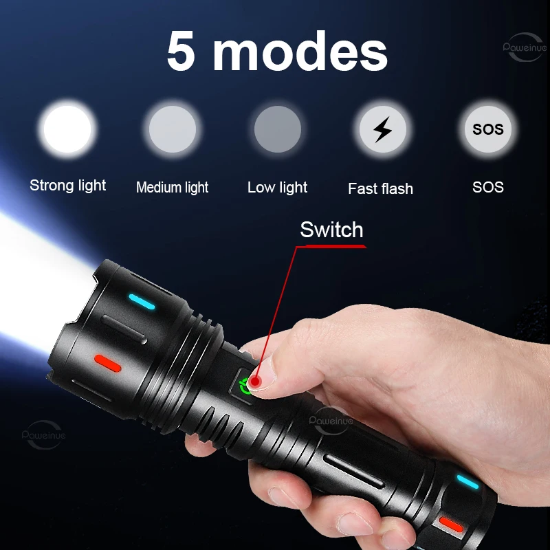 60000000LM Most Powerful LED Flashlight USB Rechargeable Lamp 800W LED Flashlights Super Bright Zoomable Torch Long Shot 4500M