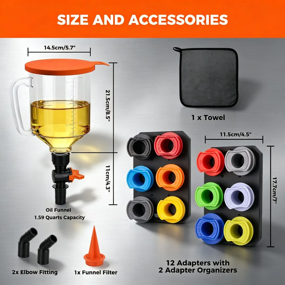 Car Oil Funnel Set With Valve And Universal Adapter For Engine Oil Change And Refilling