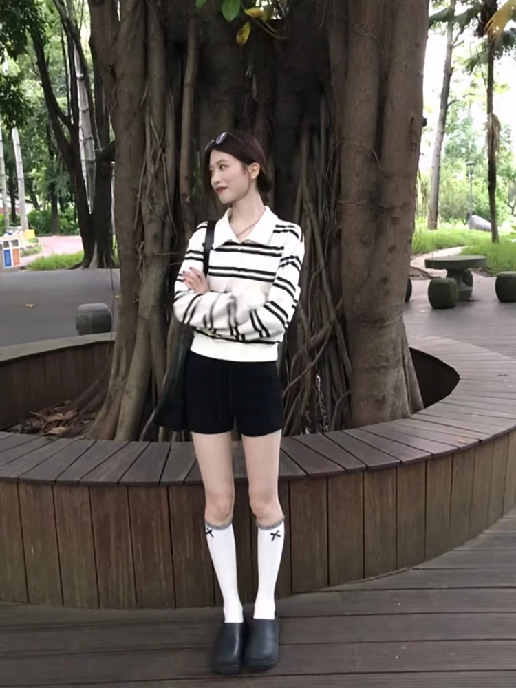 Korean Contrast Color Stripe  Ne Long Sve T-irt Women's Autumn New Loose ort Sle College Wind Sweatirt