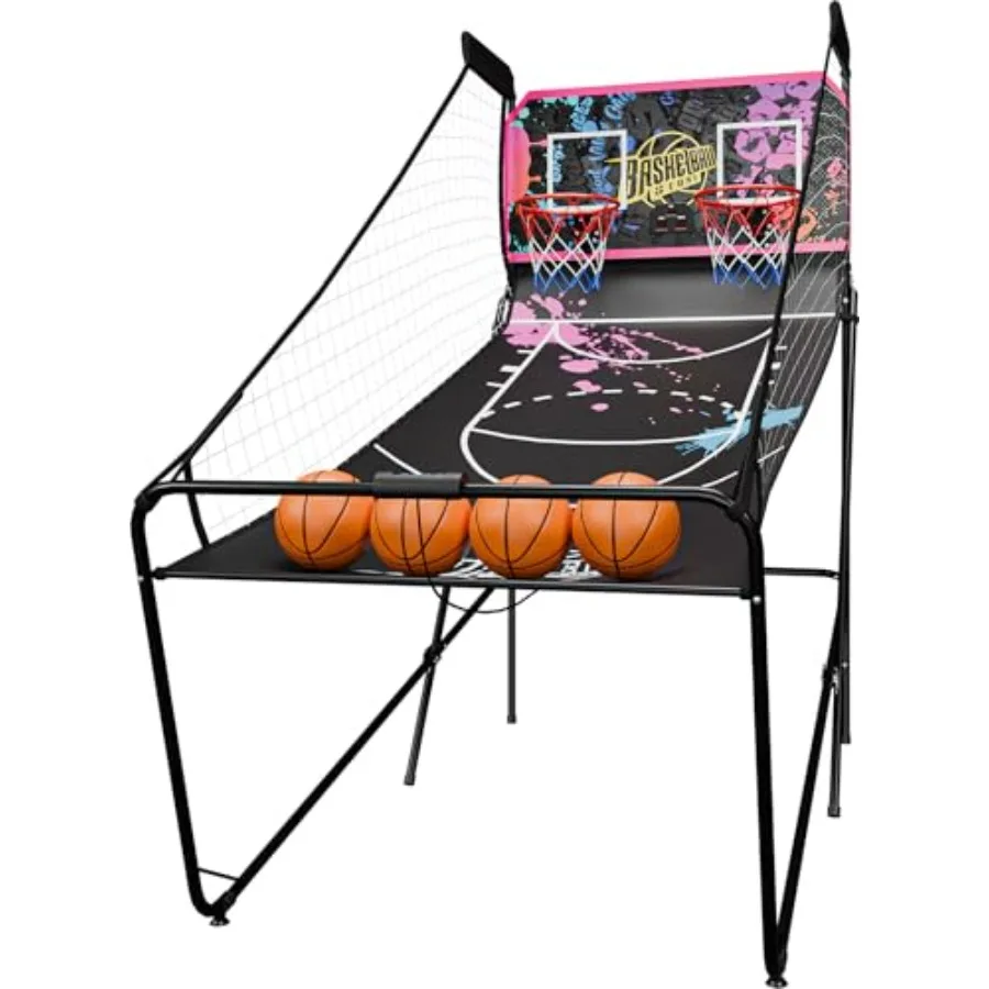 Indoor foldable 2-player electronic basketball arcade game with dual LED scoreboard, black and red plastic, 81.1in height, 8 ga