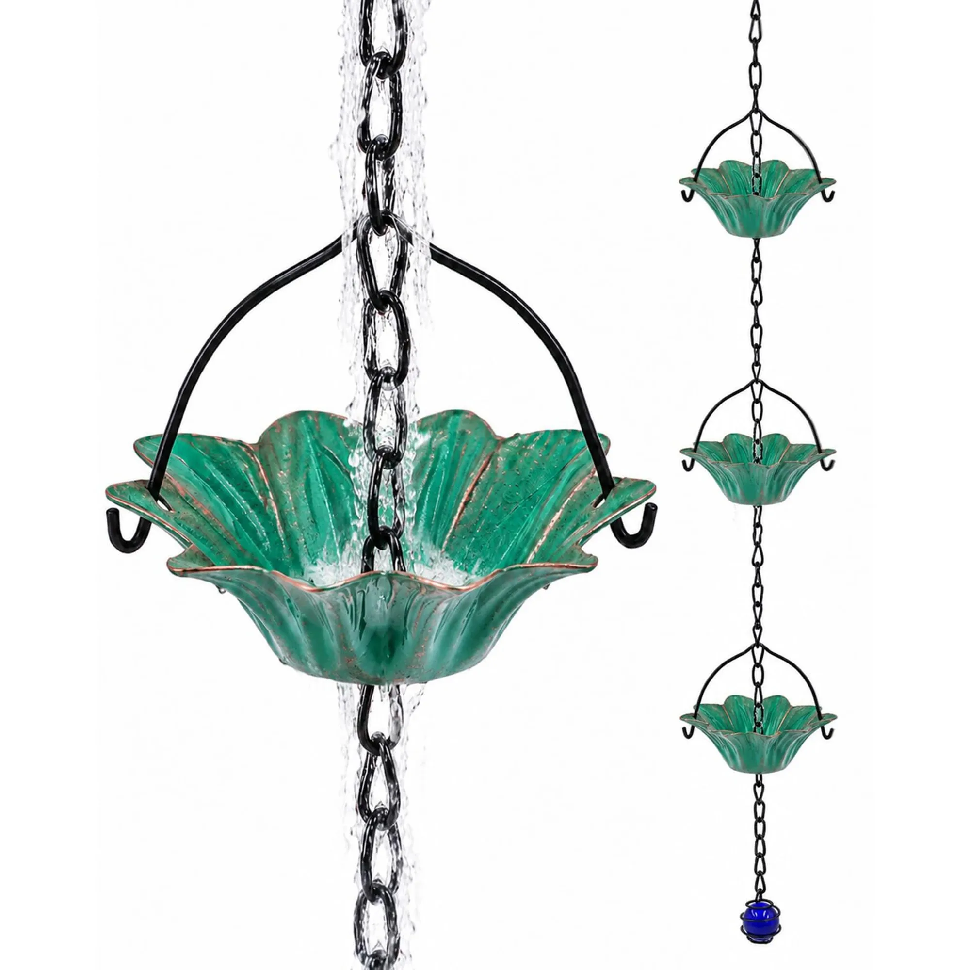 9 ft Durable 12 Green Leaf Cup Metal Rain Chain, Vintage Gutter Replacement Chain for Outdoor Garden Yard Patio Decoration