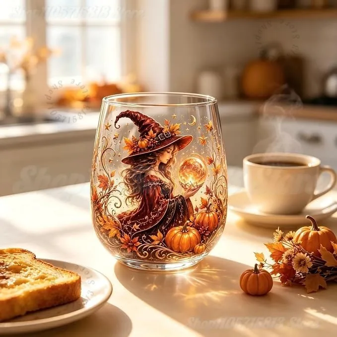 Witchy Fantasy Printed Stemless Glass Cup, Gothic Witch Cat Moon Star Pattern Wine Tumbler, Halloween Decor Glassware for Party