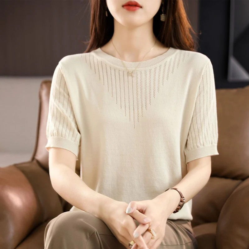 

Summer Solid Color Round Neck Pullover Women's Sweater Knitted Short Sleeve T-shirt Fashionable Office Lady Hollow Out Tops