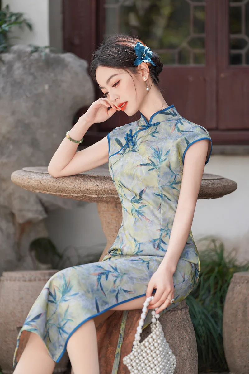 

National Style Bamboo Print Chinese Style Suzhou Long Cheongsam Improved Young Style Girl Summer Ice Silk Satin Qipao