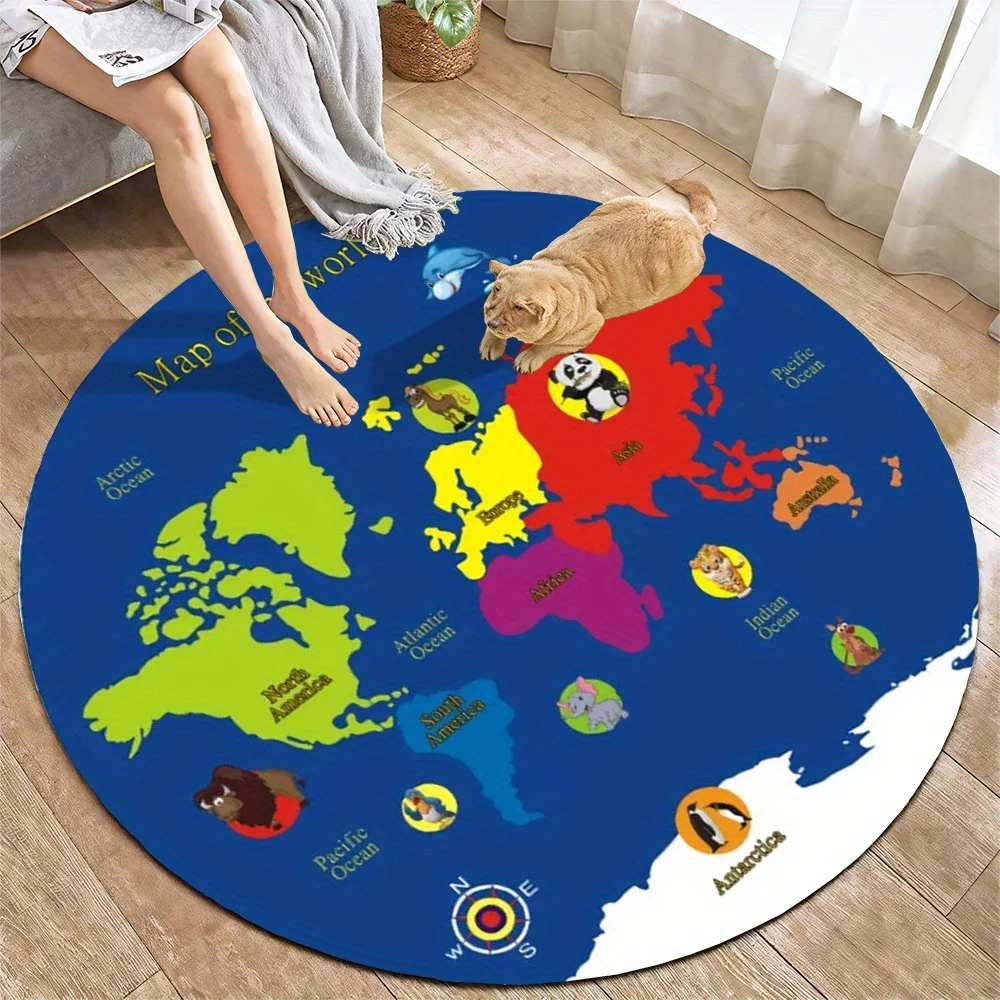 World Map Round Rug Flannel Educational Kids Room Decor Play Mat Nursery Carpet Floor Covering Childrens Area Rugs Geography