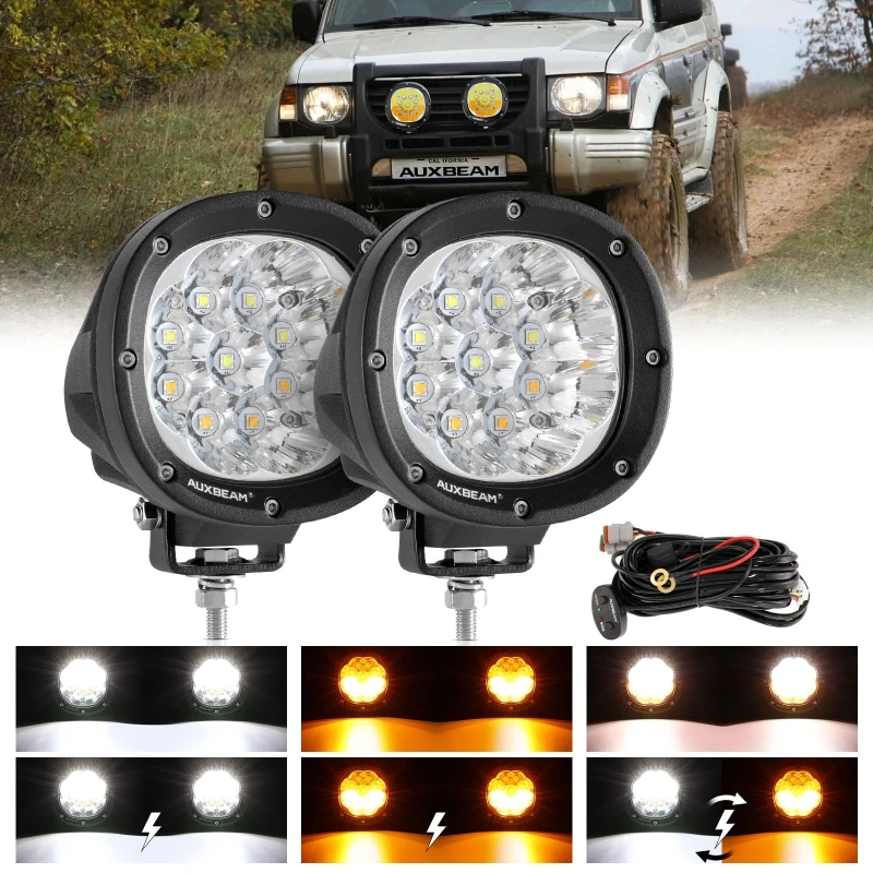 4 Inch 90W Round LED Work Driving Light 6 Mode White & Amber Fog Lamp with Wiring Harness For Truck Pickup SUV ATV UTV