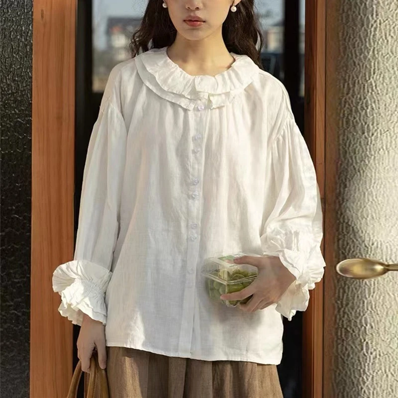 Johnature Japanese Vintage Linen Double Collar Petal Sleeve Shirt Women 2024 Spring New Loose Casual Solid Color Shirts