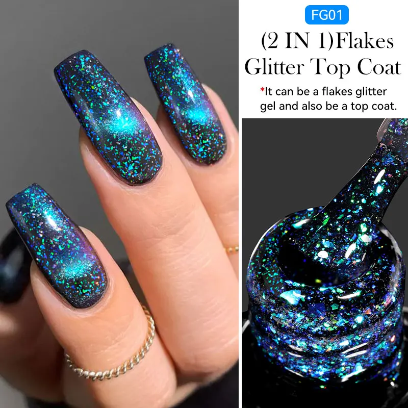 LILYCUTE 7ml Chameleon Flakes Glitter Top Coat Gel Nail Polish Semi Permanent UV Gel 2 In 1 Sparking Aurora Gel No Wipe Top Coat