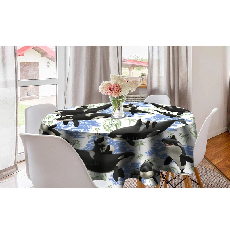 Panda On Orcas Back Funny Hybrid Captives Poster Cartoon Animal Creative Round Tablecloth By Ho Me Lili For Tabletop Decor