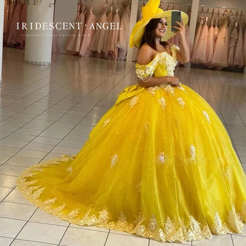 Vestido de baile amarillo iridiscente para niña de 15 años, vestido de quinceañera brillante, apliques de cuentas, lazo con cordones en la espalda, fiesta de cumpleaños