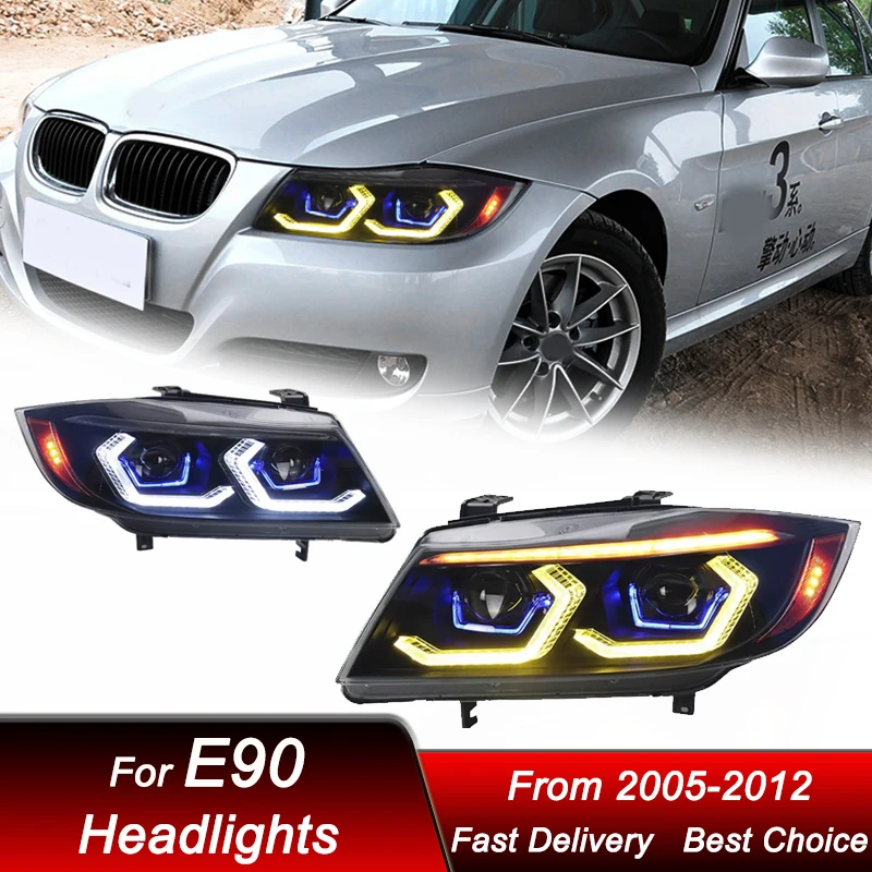 

Поп-автомобильные фары для BMW 3 серии E90 2005-2012, новый стиль, светодиодные желтые фары DRL в сборе, обновленные линзы проектора, аксессуары
