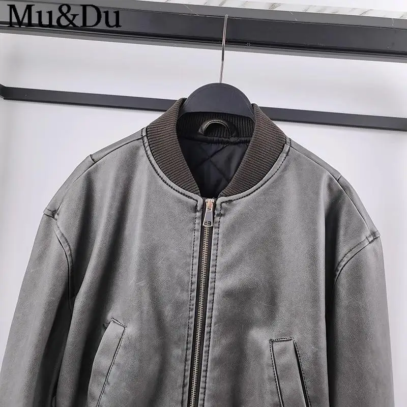 Mu&Du 2023 Autumn Vintage Distress Faux Leather Zip Pocket Crop Bomber Jacket Female Pu Street Short Baseball Coats Outwear Chic