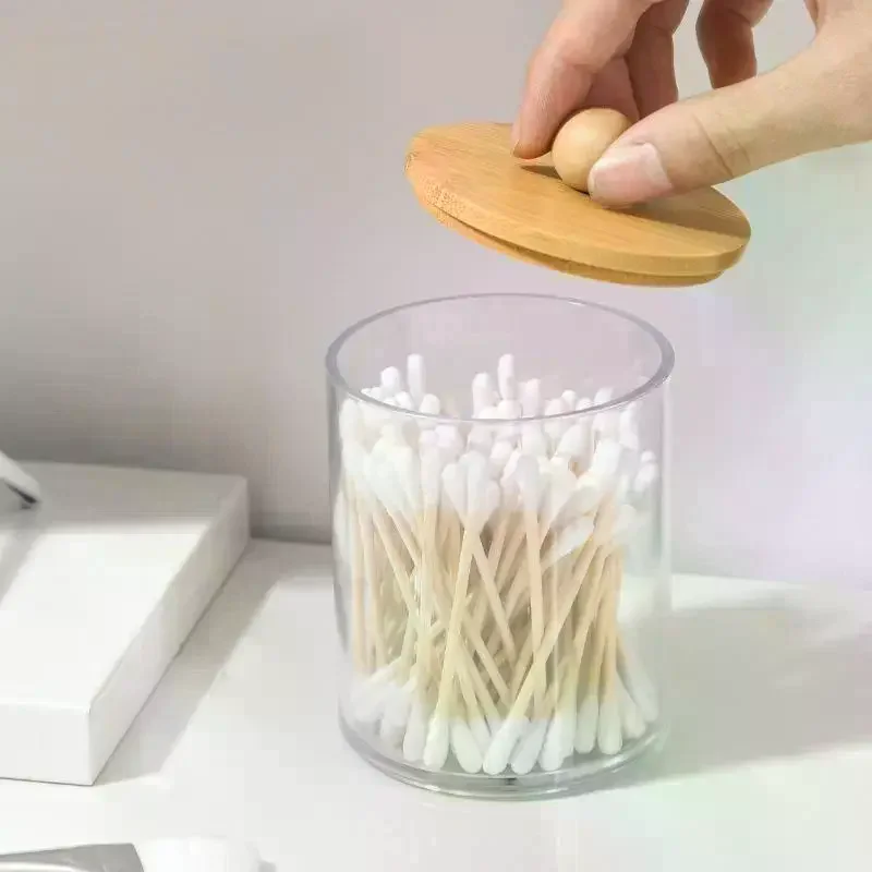 Cotton Swab Organizer With Bamboo Lids Clear Plastic Apothecary Jar For Vanity Makeup Storage