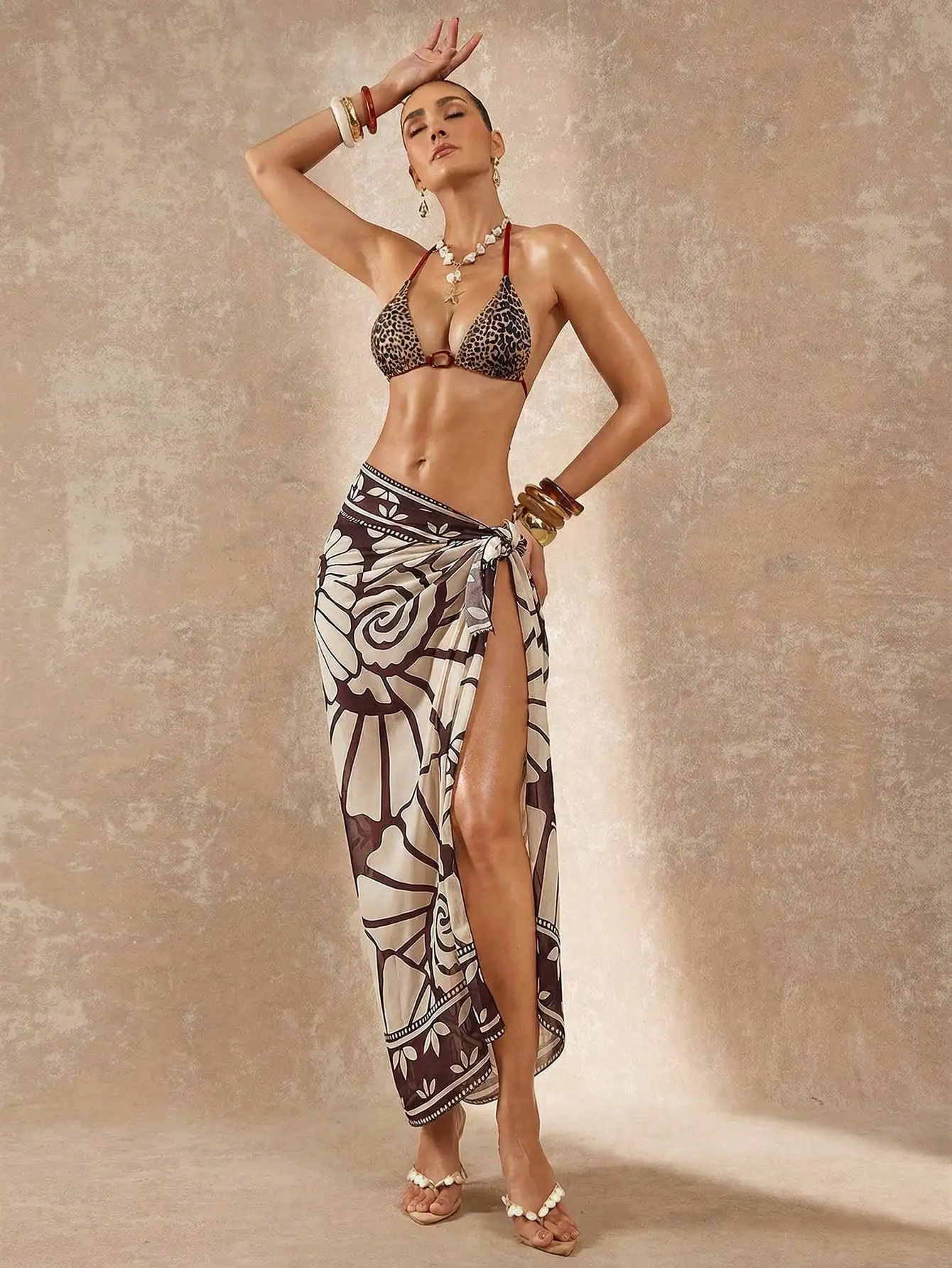 

Leopard Print Red Strap Triangle Bikini With High-Slit Floral Wrap Skirt For Beach Vacation Boho Style