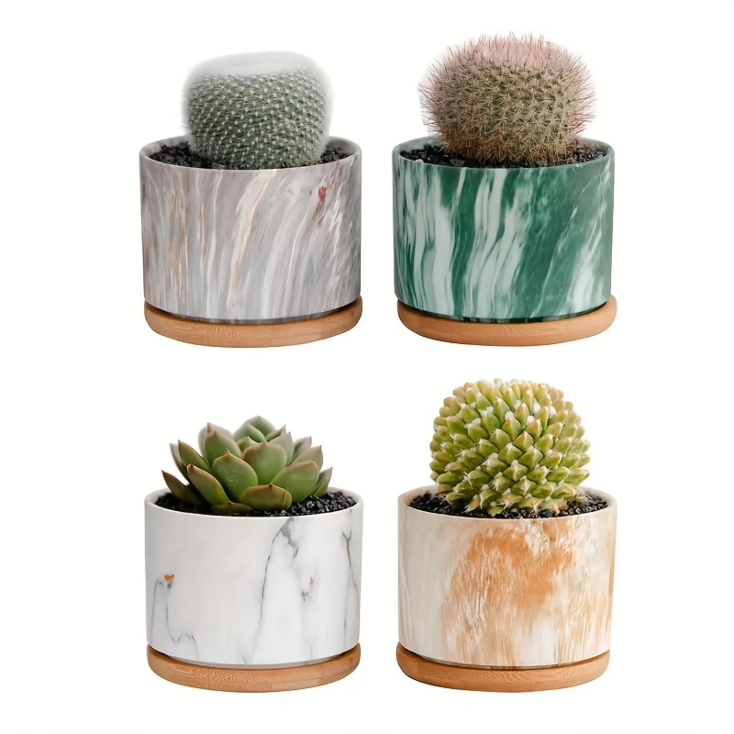 

4 Packs, Water Transfer Printed Succulent Ceramic Pot (with Wooden Tray), Plant Pot Cactus Plant Pot Flower Pot Container Plante