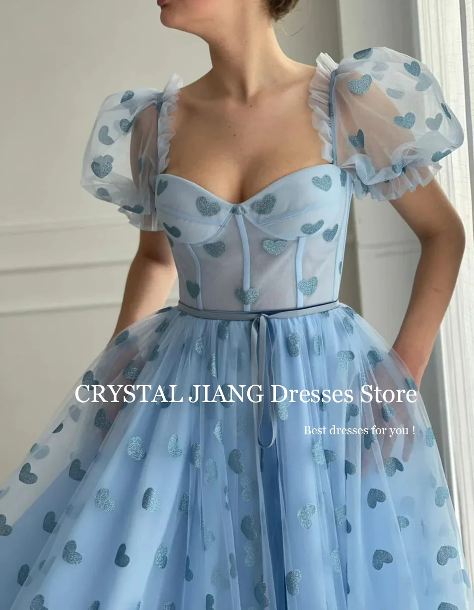 Long Blue Prom Dresses Square Collar Short Puffy Sleeves with Printed Heart A Line Floor Length  프롬드레스