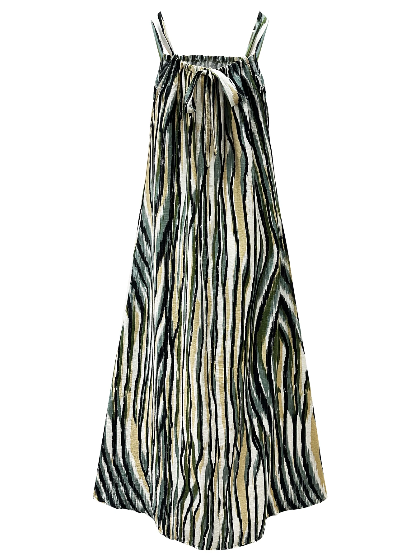 Boho Ikat Streifenmuster Ärmelloses Trägerkleid mit Ausschnitt Lässiges Strand-Maxikleid für Damen – Detail 3