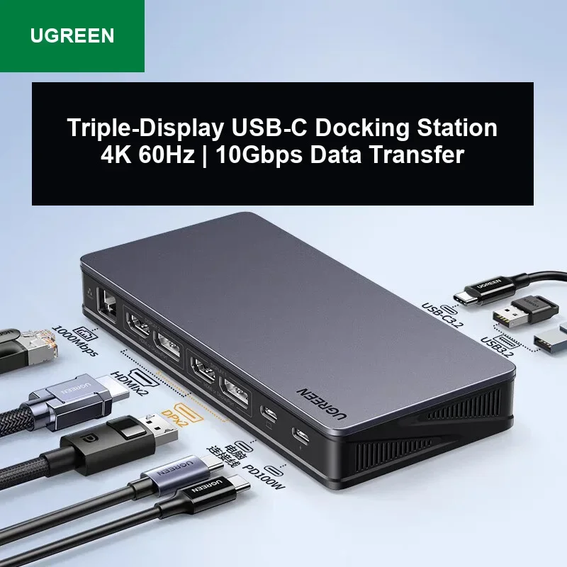 UGREEN CM615 USB C Docking Station Triple Display Dual HDMI DisplayPort 10Gbps USB Gigabit Ethernet 100W PD.