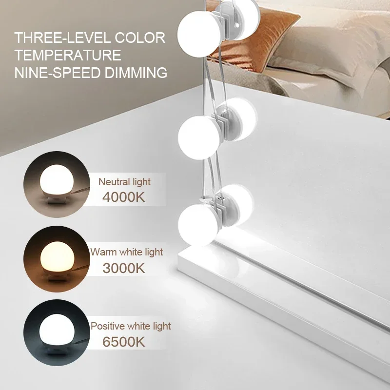 USB Interface Bulb Switch Mirror Light, Dimmable Dressing Table Light, Decoração do quarto, Mesa de maquiagem