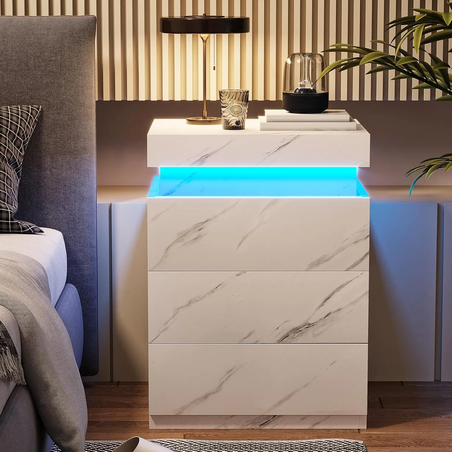 

Nightstand Charging Station LED Light Sliding Top Bedroom Bedside Table Drawer Modern End Side Table White Marble, Custom