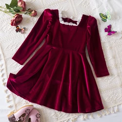 2024 New Girl Long Sleeve Dress Square Collar Lace Red Velvet Retro Dress for Christmas Party Dress Autumn Children's Clothing