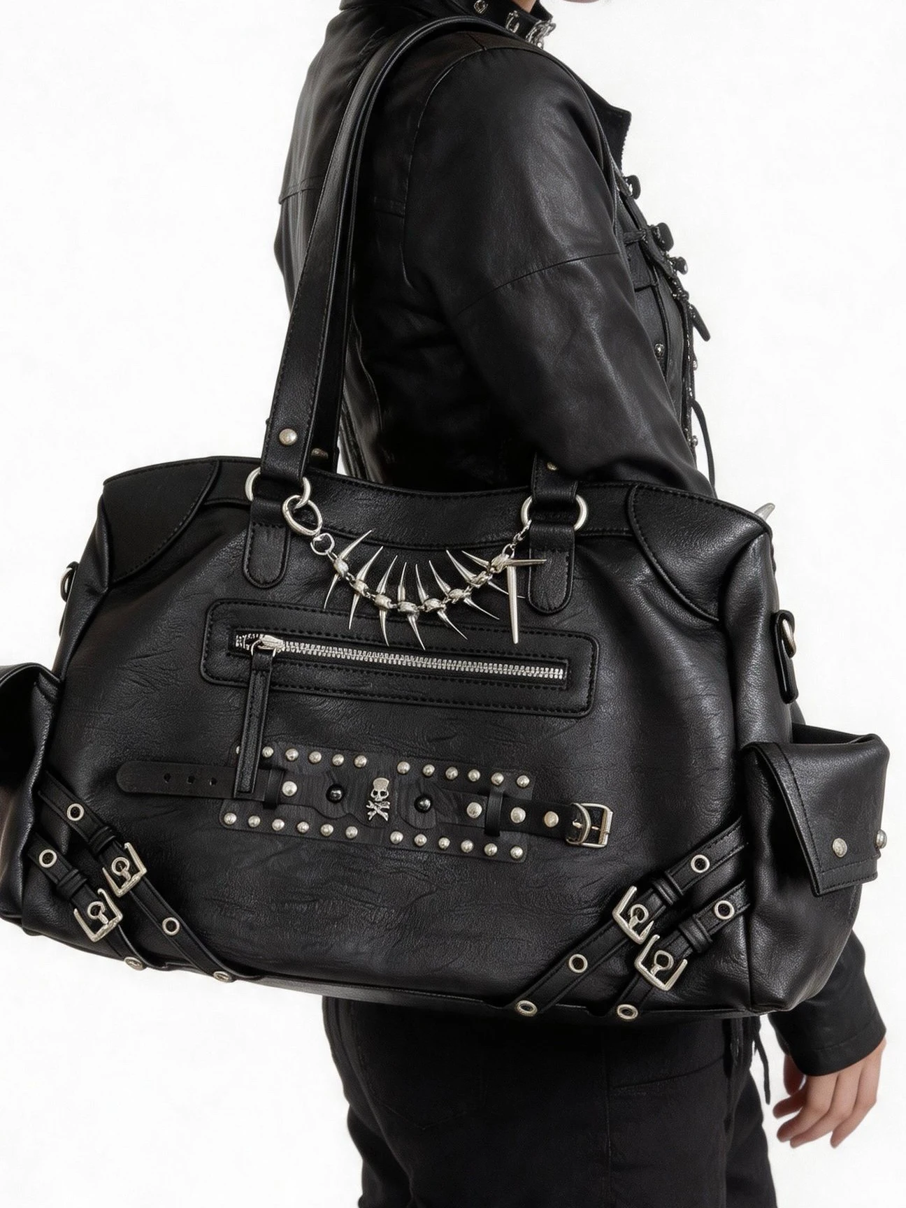 Original Design Korean Style Motorcycle Bag Subculture Light Punk Rivet Tot Bag Visual Personality Match Underarm Bag