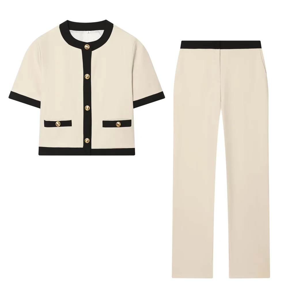 

2026 new women's clothing contrasting round neck short sleeved suit jacket with high waist and waist, casual straight leg pants