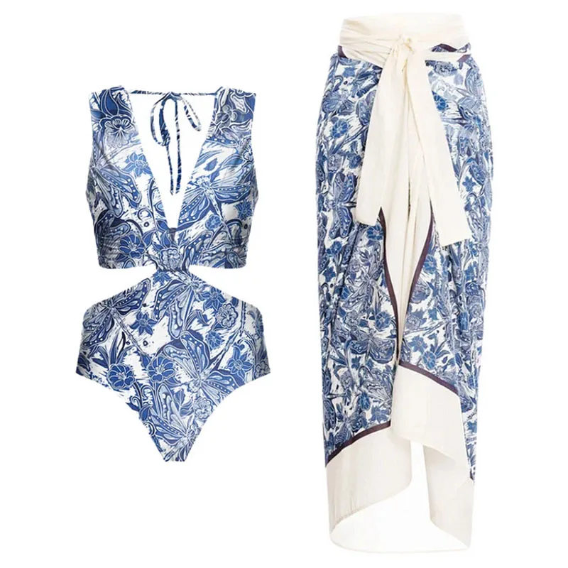 One-piece Women Swimwears Swimsuit Set Beach Dress Style Asymmetric Ruffle Bikini with Artistic Blue Dragonfly Pattern