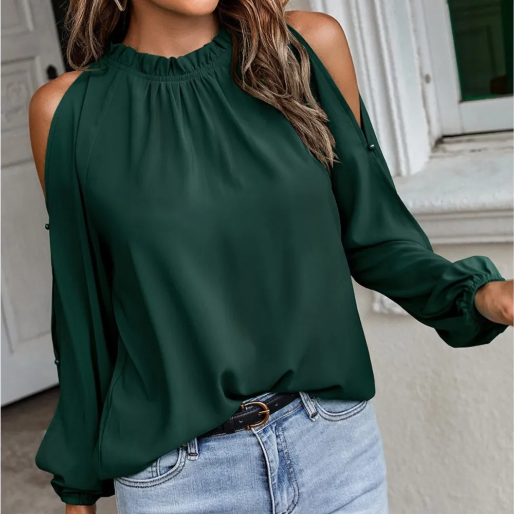 Autumn And Winter Blouse 2024 New Women\'s Lotus Leaf Round Neck Long Sleeved Pleated Off Shoulder Fashionable Shirt Top Blusas