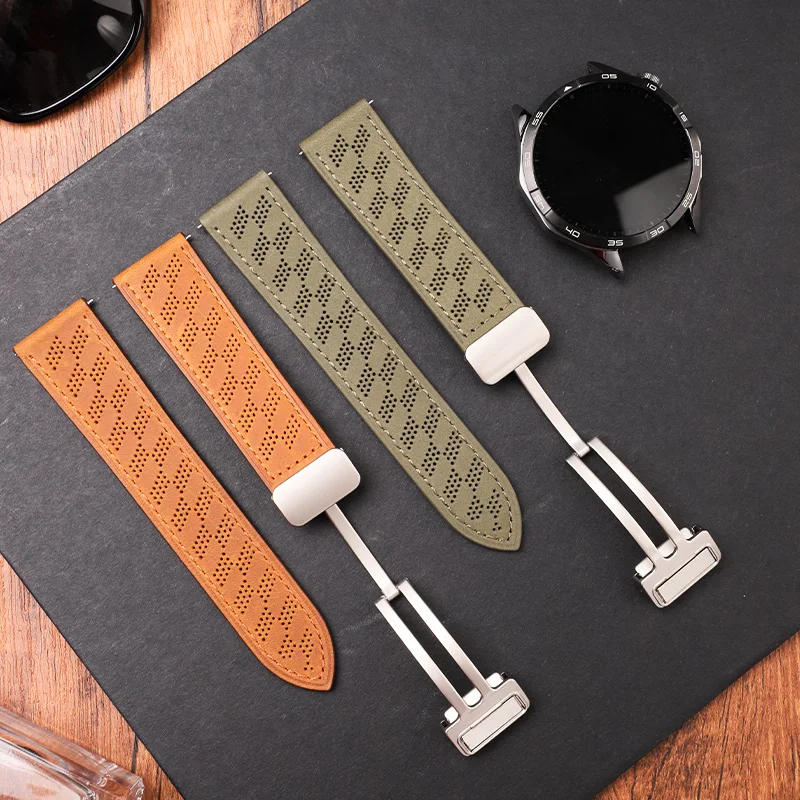 Suitable for Huawei GT2/3/4 leather strap, cowhide watch3/4pro leather magnetic folding buckle hole model 22mm