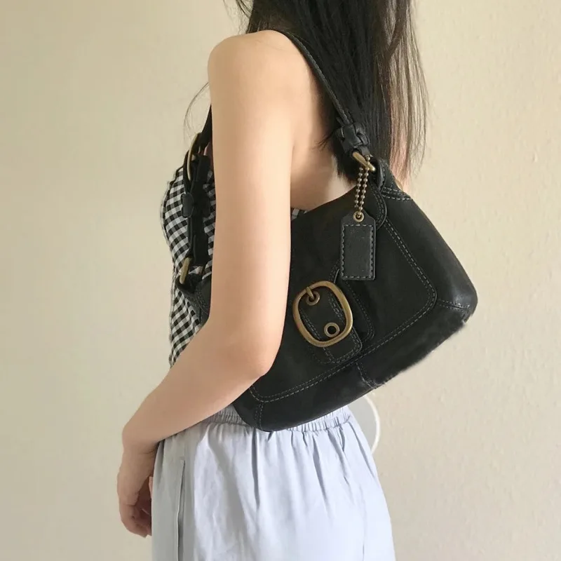 Y2K Cool Girl Black Leather Shoulder Bag  Retro Women's Underarm Bag Female Armpit Bag Ladies  Purse Handbags Lock 2022 New