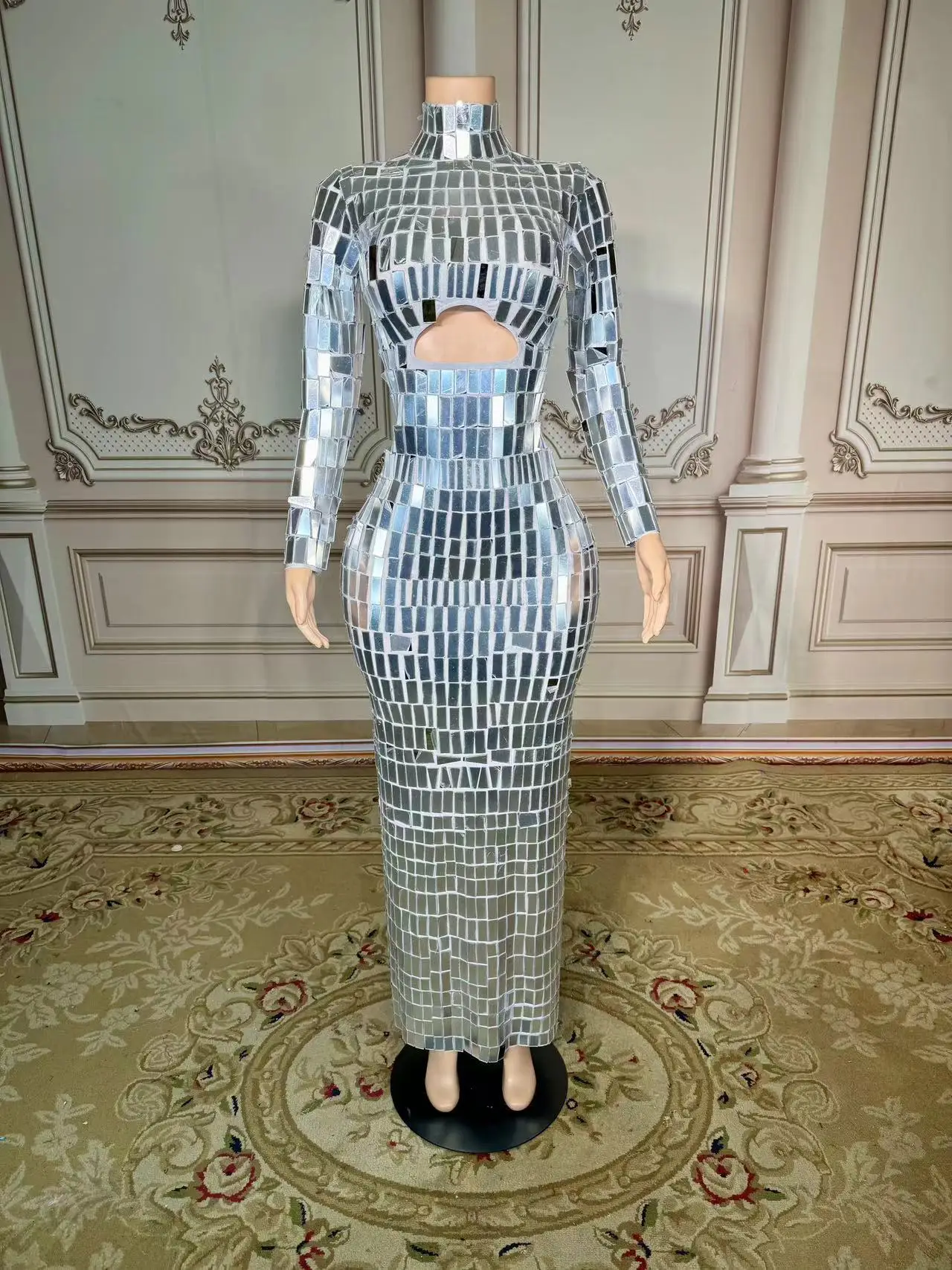 

Silver Rhinestone Crystals Chains Transparent Long Dress Evening Birthday Celebrate Dress Sexy Performance plus size