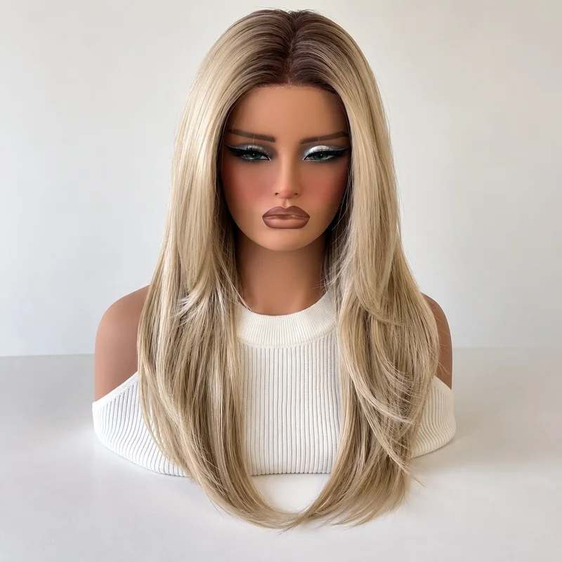 MONO Glueless Wig for Women Ombre Blonde with Brown Roots Long Straight Layered Hair Pre-Cut Free Parting for Daily Wear