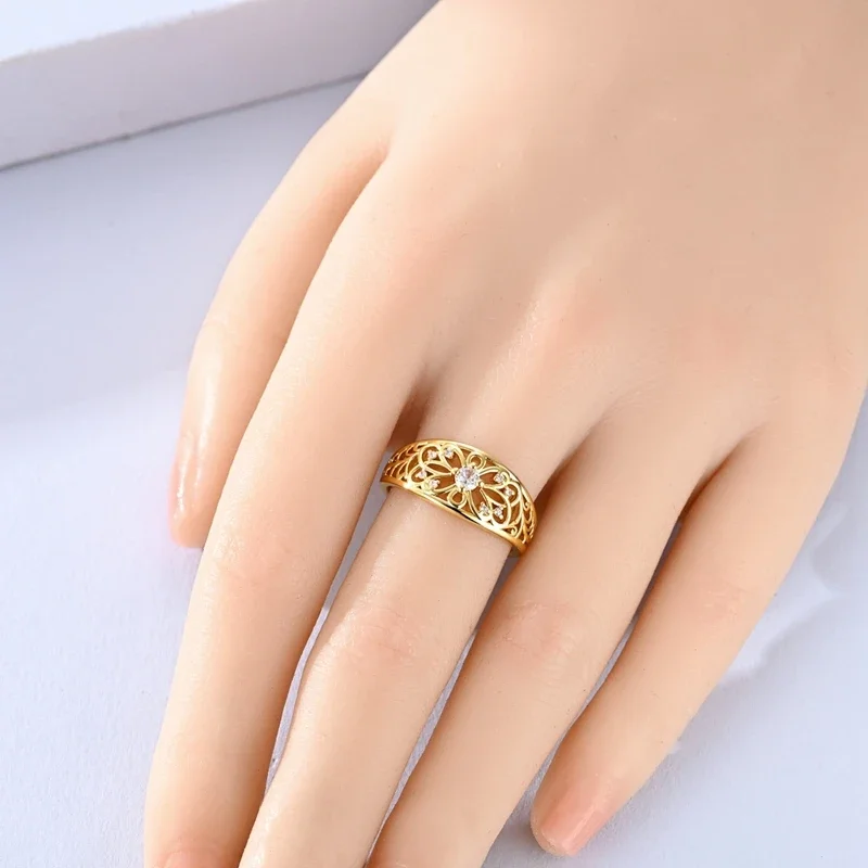Gold Plated 925 Silver Four Leaf Clover Sun Moon Star Chain Link Filigree Stackable Band Ring Jewelry Gifts for Women