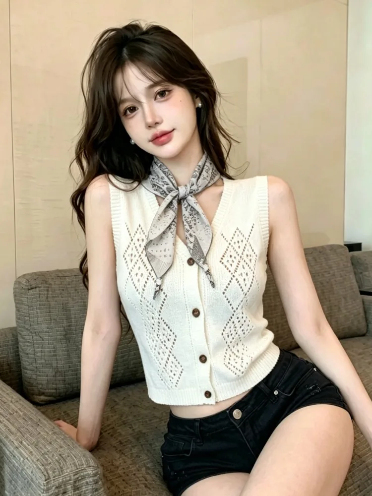 

Elegant Embroidered V-Neck Knitwear Sleeveless Summer New Style Women's Fashion Silk Scarf Inner Wear Base Top City Walk