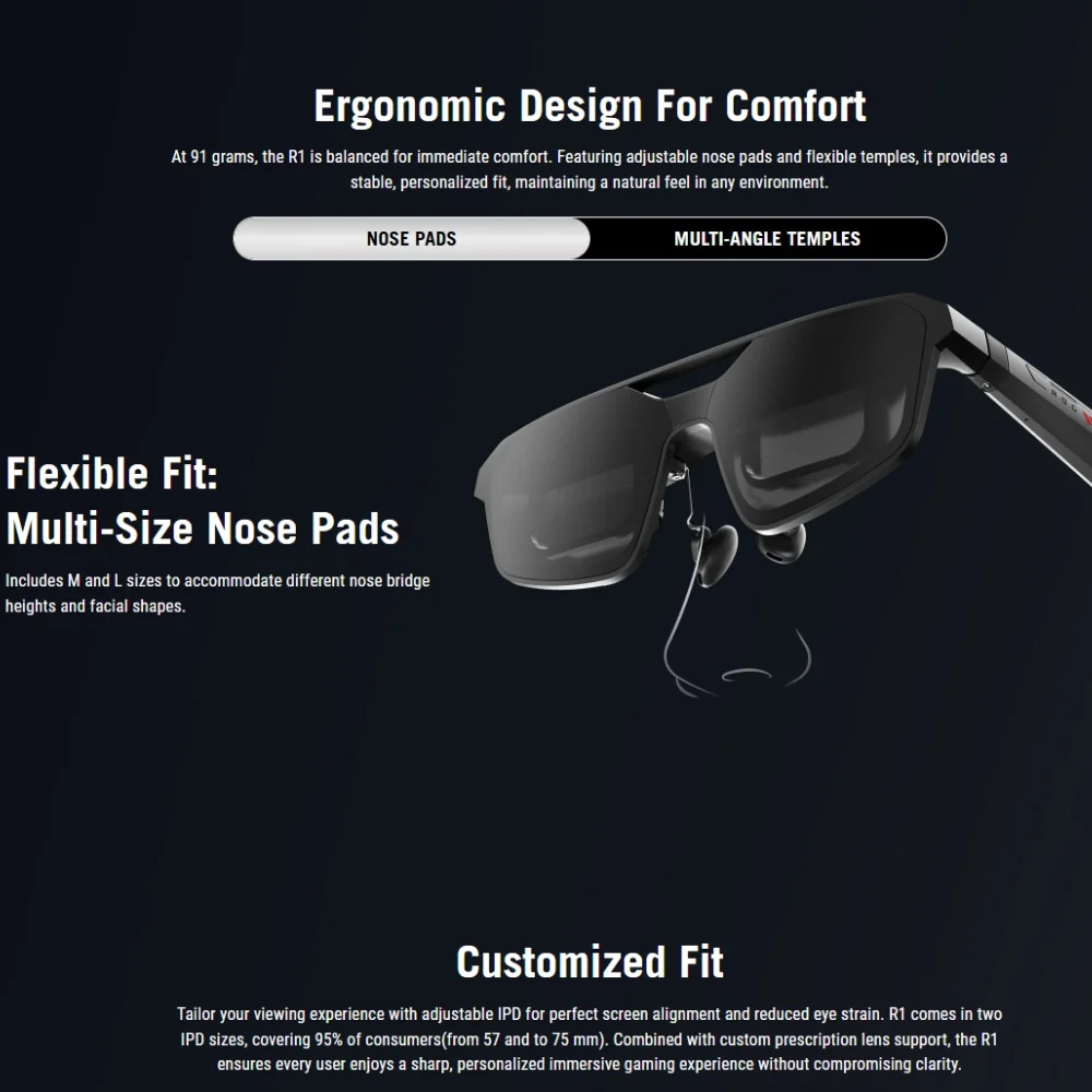 XREAL ROG R1 AR Glasses 240Hz Gaming High Refresh 171'' Immersive Big Screen Compatible with Full ROG Ecosystem Supports HDR10
