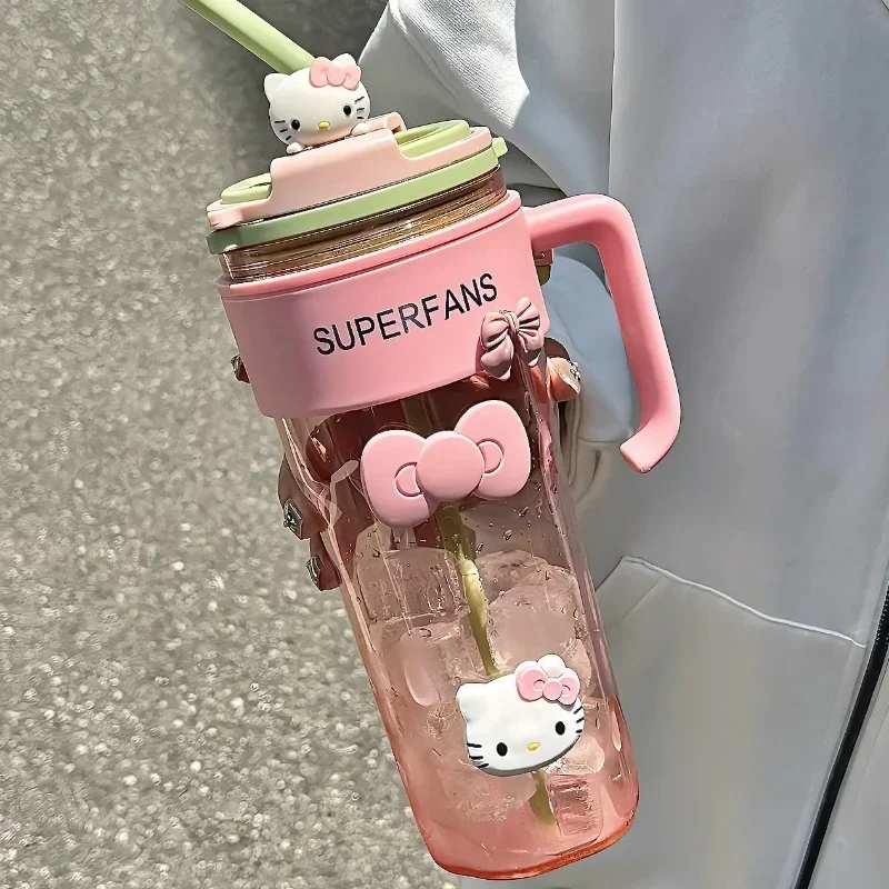 1200ML With Handle Water Bottle MINISO Hello Kitty Gym Large Capacity Straw Water Cup Kuromi My Melody Cartoon Children Cup Gift