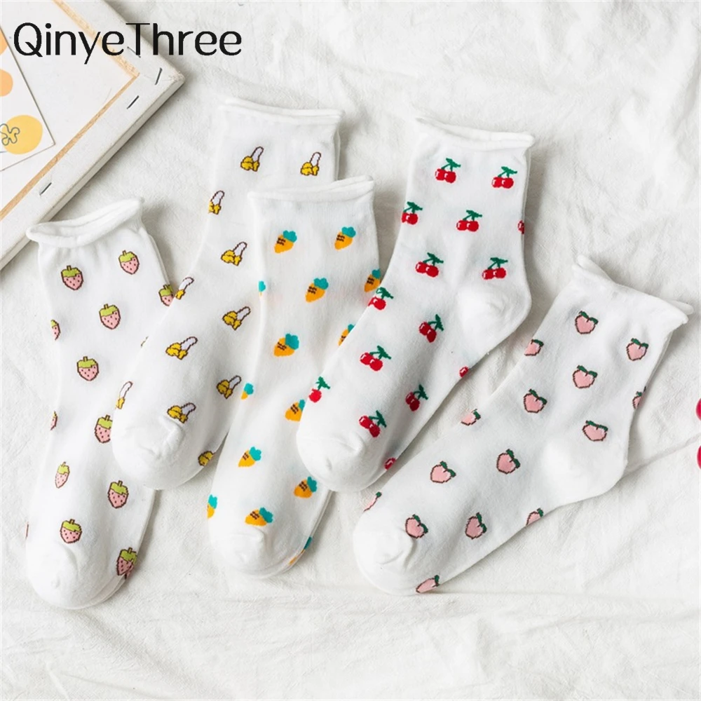 Funny Cute Girls' Cartoon Carrot Peach Strawberry Banana Cherry White Art Socks Pregnant Rolled Curled Loose Mouth Dropship