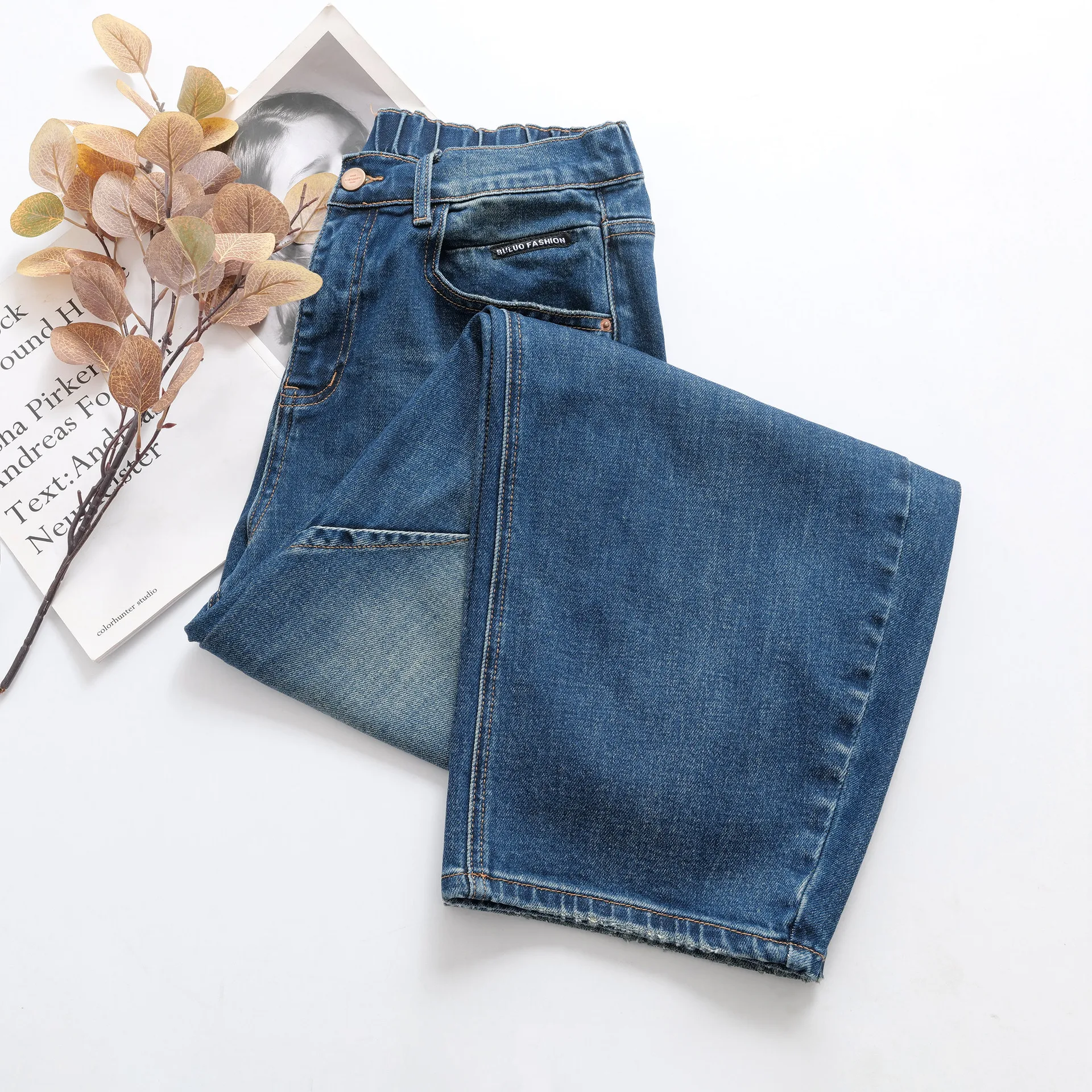 موضة حجم كبير جينز نسائي واسع الساق خريف جديد ممزق منحني عادية قسط تمتد الدينيم كامل طول مستقيم السراويل 8368