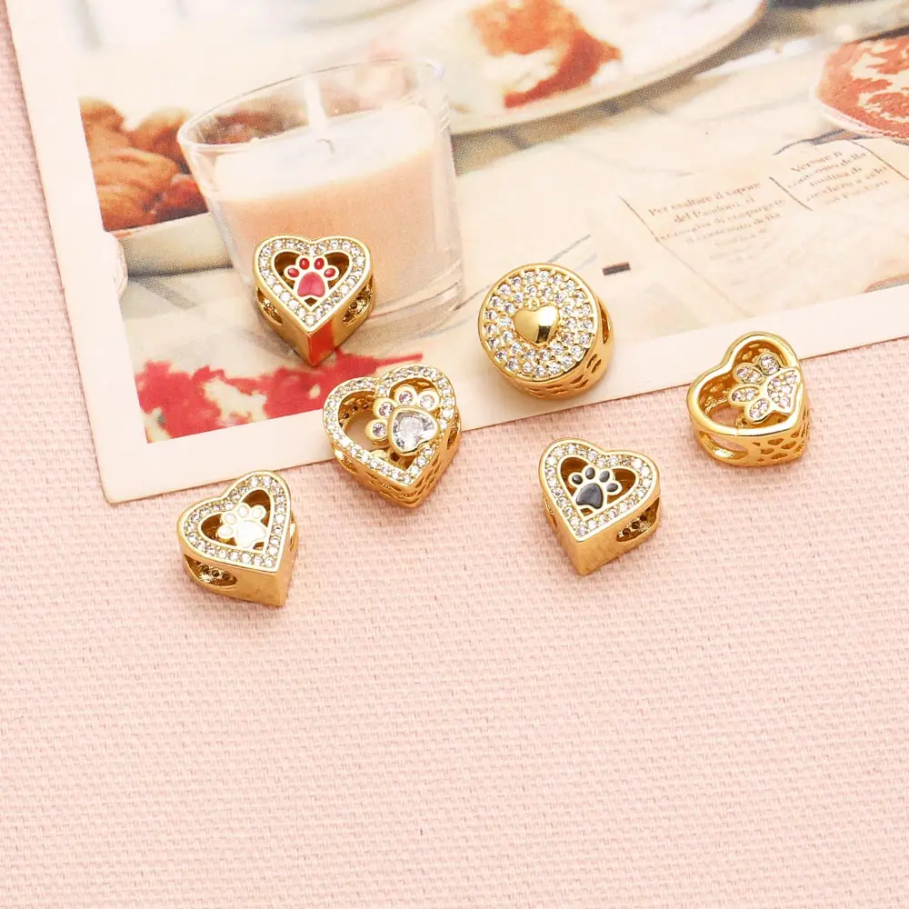 OCESRIO Trendy Cute Small Enamel Paw Heart Charms for Bracelet Copper Gold Plated CZ Round Heart Jewelry Making Supplies chma297