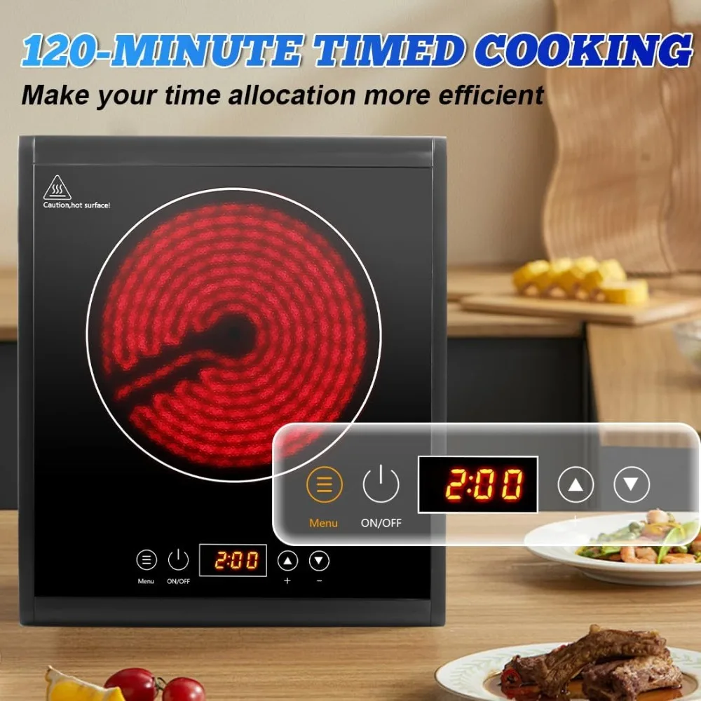 Hot Plate Electric Stove with LED Display, Portable Infrared Electric Burner Ceramic Cooktop, Adjustable 15 Power