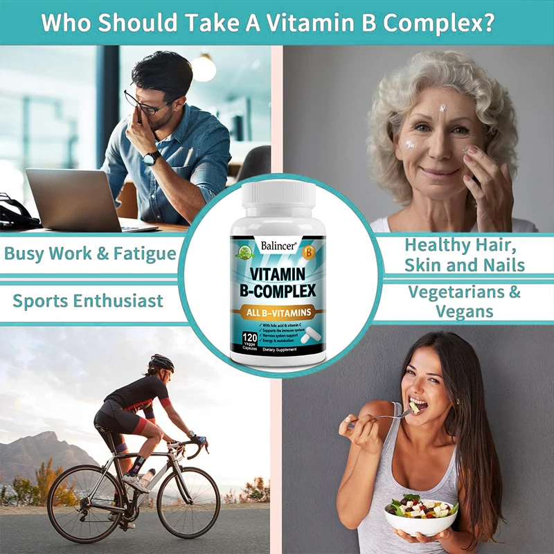 Vitamin B Complex Capsules - Folic Acid and Vitamin C Supplements Help with Immune System, Neural Health, Energy, and Metabolism