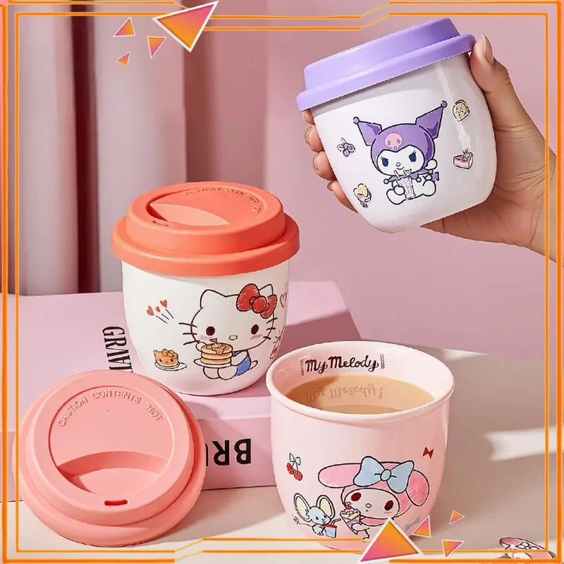Taza de Café de Cerámica Kuromi de 300 ml con Tapa de Silicona, Linda Taza de Leche con Diseño de Gatito My Melody, Regalo Kawaii para el Hogar, la Oficina o para Parejas, Gran Venta