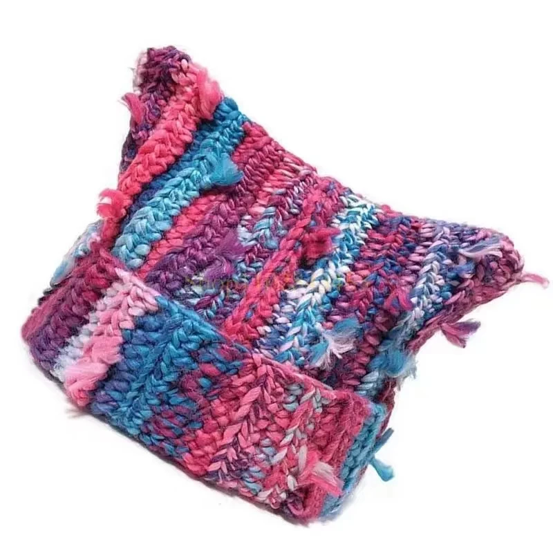 

Japanese Cute Mixed Color Striped Cat Ears Fringed Knitted Hat Women Winter Warm Ear Protection Hand Crocheted Skull Beanie Cap