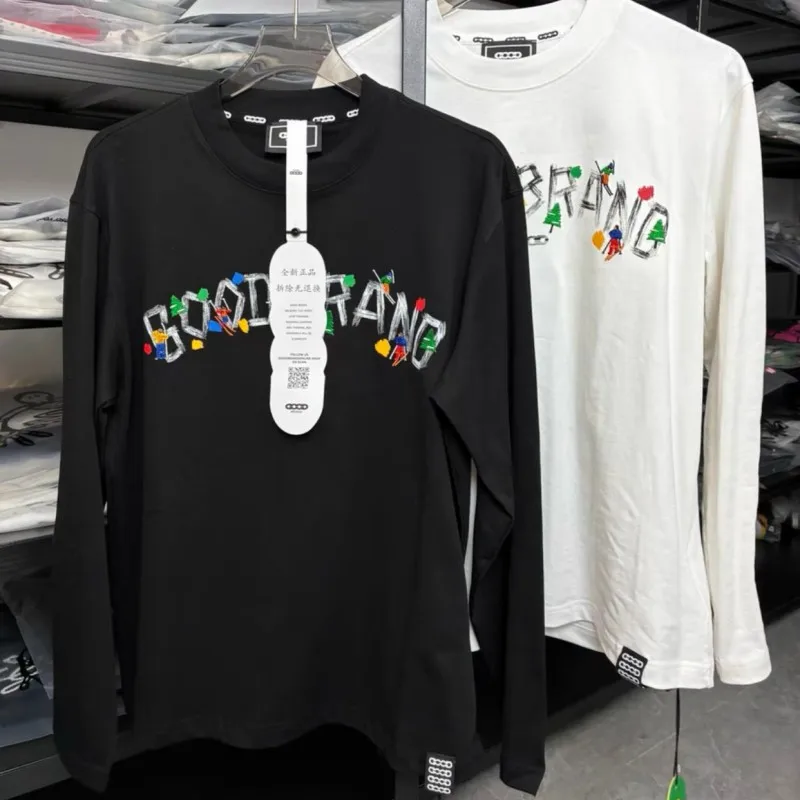 Casual White Black Breathable GOODBRAND Tshirts Graffiti Color Block Letter Embroidery Skiing Figurine Round Neck Long Sleeve