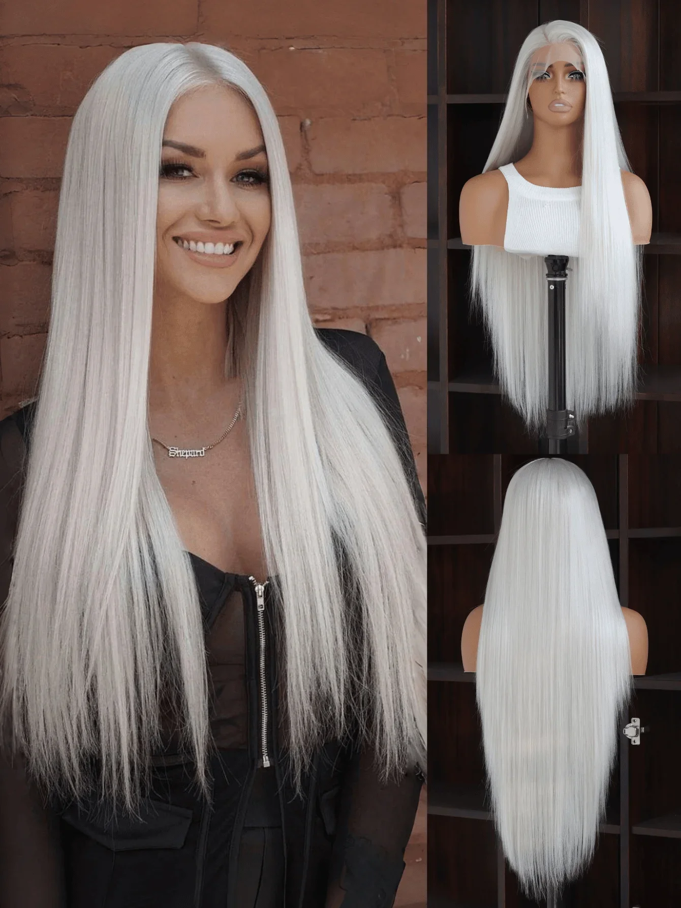 Lace Front Wigs Glueless Synthetic Long Silk Straight Natural Heat Resistant Fiber Hair Grey Wig With Baby Hair For Women 24 Inches, Halloween