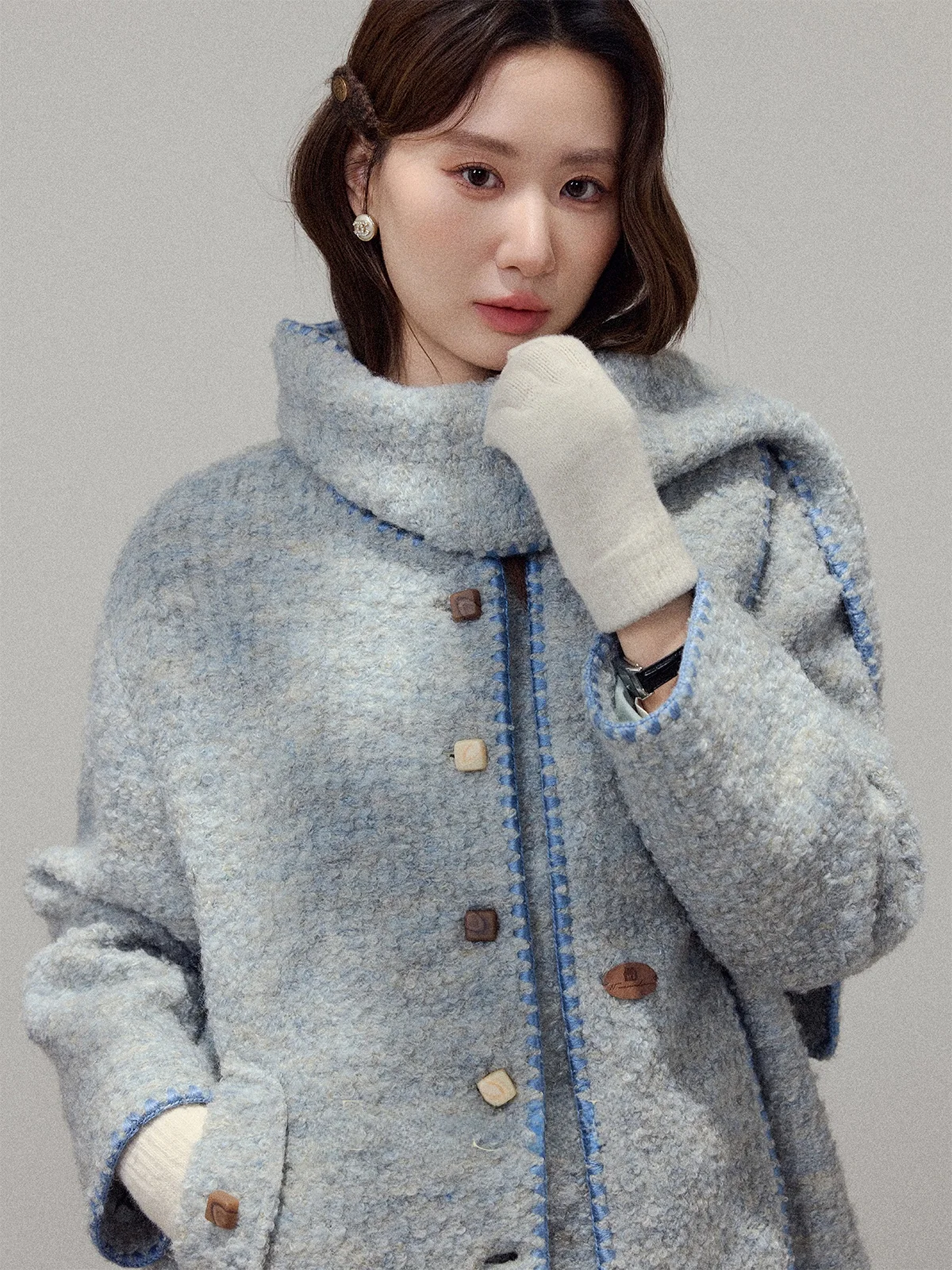 

Sli Blue Woolen ort Coat Women's Vintage Unique Loose Top Beautiful Autumn Winter New Arrival Zhang Soda Soft Drink