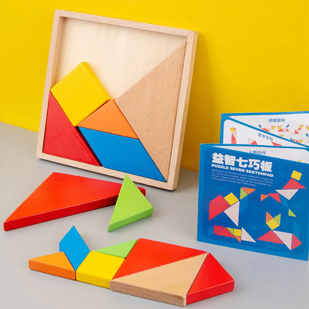 2Sets Colorful Wooden Tangram Jigsaw Learning Tool Shape Sorting Color Identification Fine Motor Skill Development