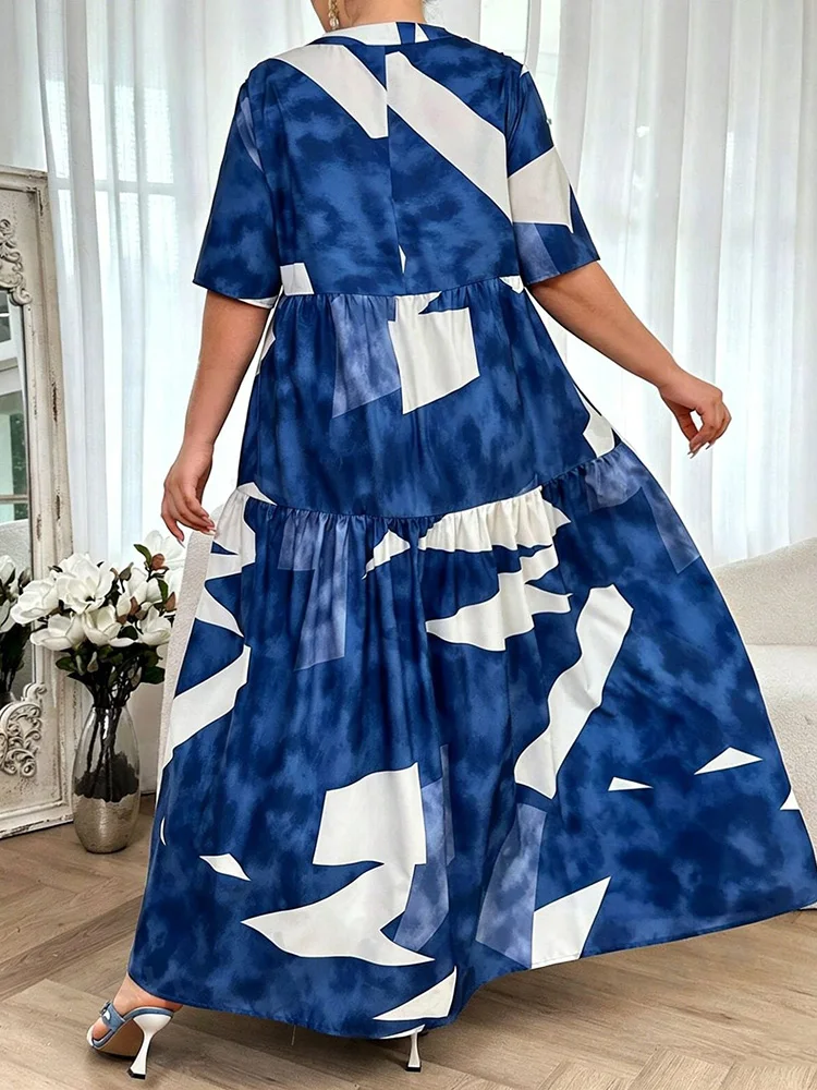 GIBSIE Plus Size Casual Print Stand Collar Shirt Dress Women Summer Short Sleeve Vacation Ruffls Big Swing Long Maxi Dresses