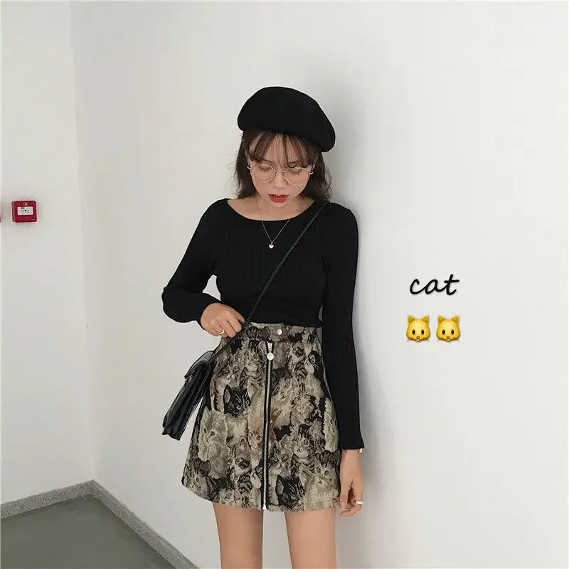 2025 Vintage Women Skirt Sweet Cat Print A-line Mini Skirt High Waist Zipper Fashion Casual Cute Female Short Skirt